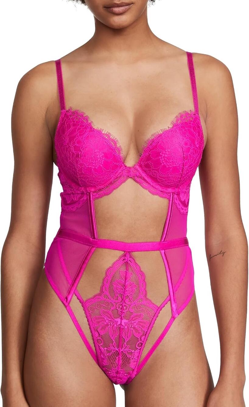 Victoria's Secret Cutout Lace Teddy Push Up Lace Very Sexy Collection Pink large